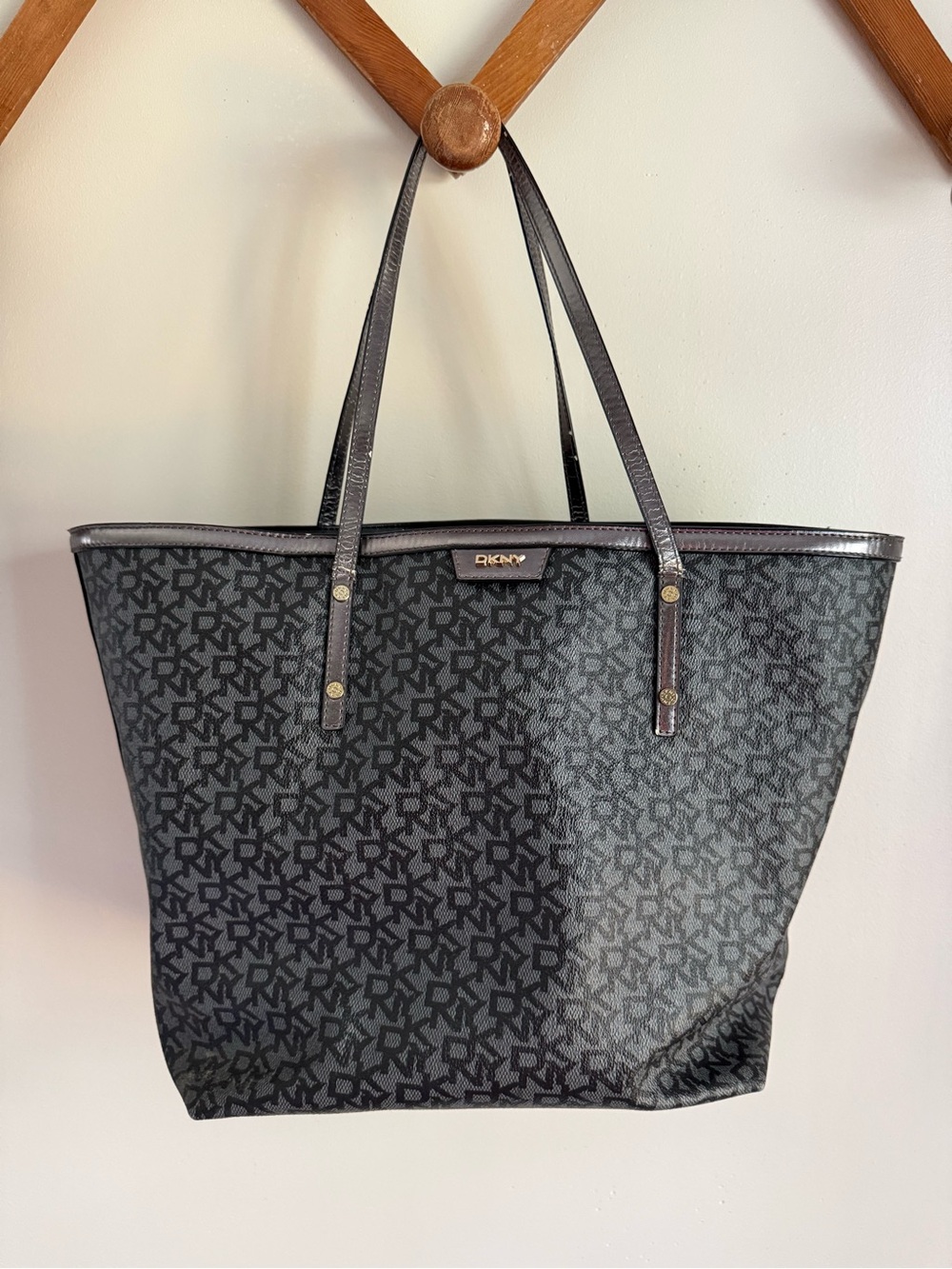 DKNY Black Monogram Large Tote with Logo Plaque